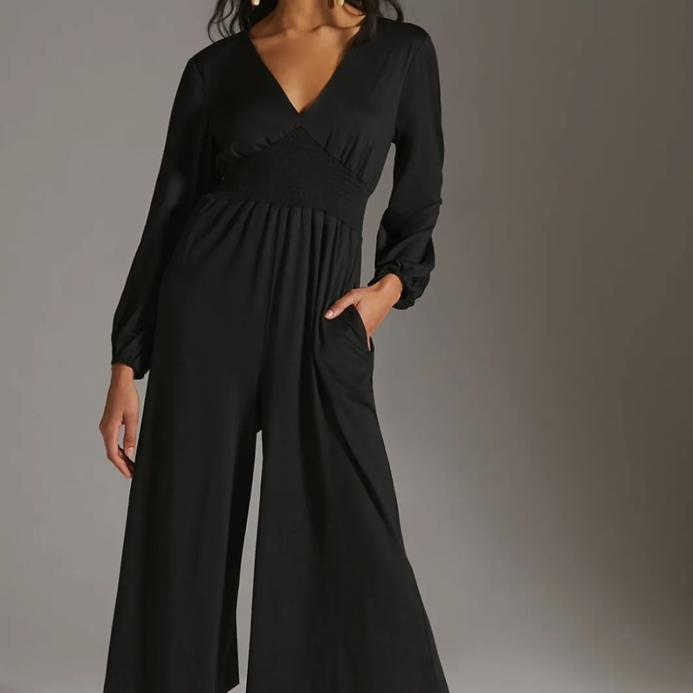 Anthropologie Hutch Jumpsuit Wide-Leg V-Neck M $175 Black Pockets HTF